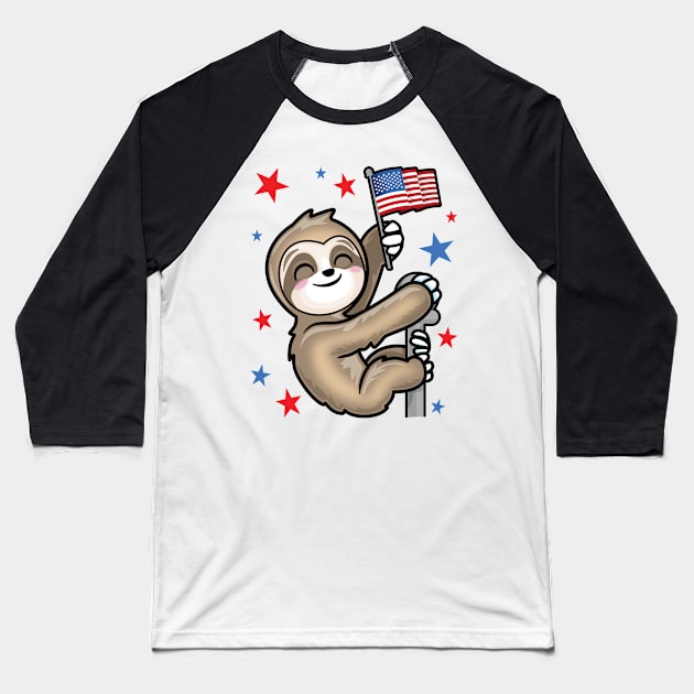 USA American Patriotic Cute Climbing Sloth Stars Baseball T-Shirt by PnJ